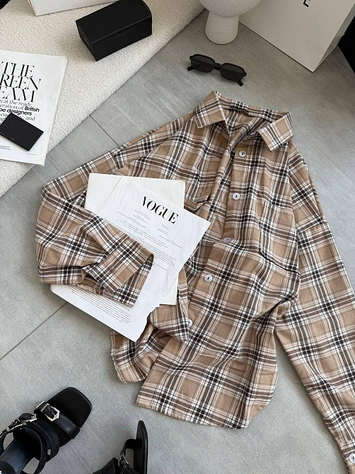 Женская стильная оверсайз рубашка в клетку фланель 100% коттон Беж Одесса - изображение 1