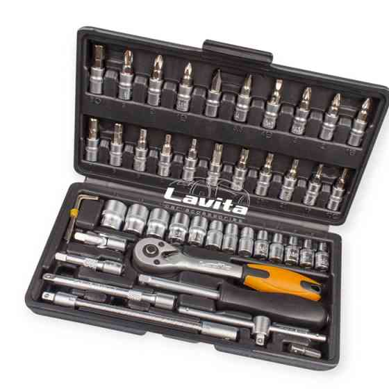 Набір інструменту 1/4" 46 шт, 4-14 мм з тріщ., подовжує., кардан, отв.-вороток, біти Мукачево