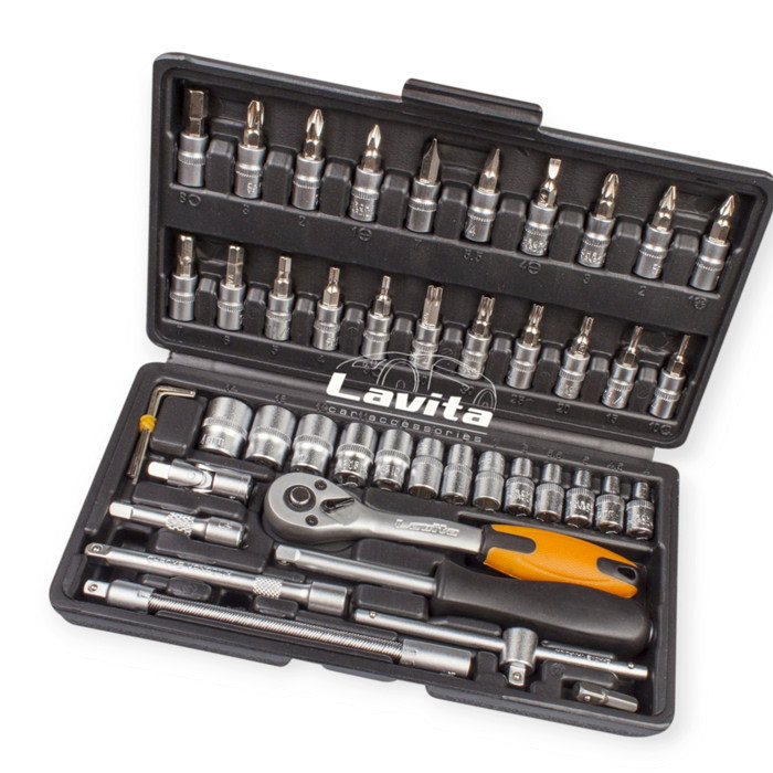 Набір інструменту 1/4" 46 шт, 4-14 мм з тріщ., подовжує., кардан, отв.-вороток, біти Мукачево - фото 1