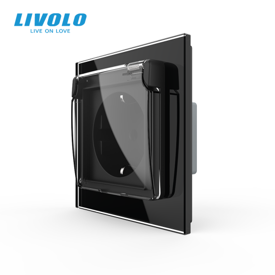 LIVOLO Електрична розетка вологозахисна з кришкою IP44 з заземленням, LIVOLO, чорна, скляна рам Коломия