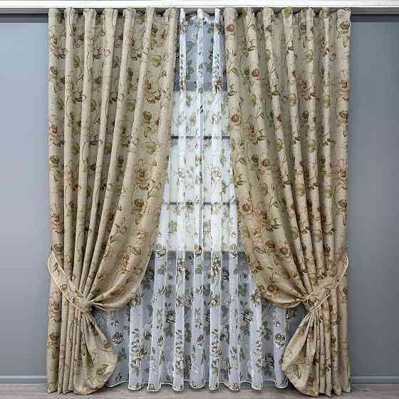 Комплект штор VR-Textil Льон Прованс 200х270 2шт і Тюль 500х270 2080ш-1267т Коричневий з білим 71-205/6 Київ