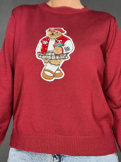 Светр жіночий A-N 2609 з нашивкою ведмедика оверсайз базовий one size, бордовий, one size Київ - фото 16