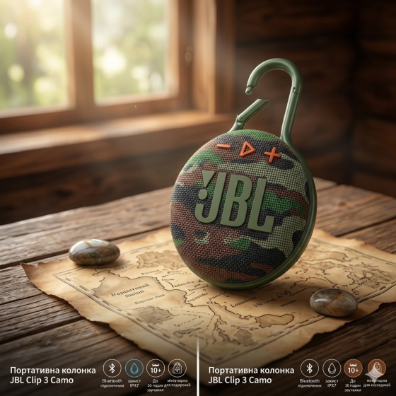 Портативная колонка JBL Clip 3 Camo Bluetooth, IPX7, до 10 ч, микрофон, карабин, компактная акустика Киев