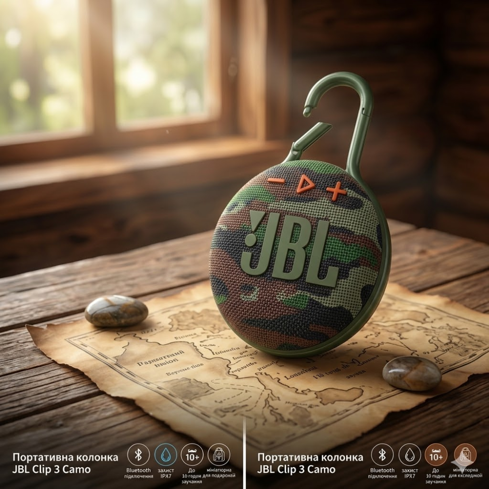 Портативная колонка JBL Clip 3 Camo Bluetooth, IPX7, до 10 ч, микрофон, карабин, компактная акустика Киев - изображение 4