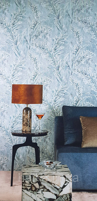 Шпалери вінілові на флізеліні Grandeco Anita1,06х10 гілки листя структурне синьо-зелене Київ - фото 1