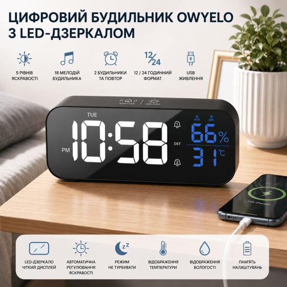 Цифровой будильник OWYELO с LED-зеркалом, 5 уровней яркости, 18 мелодий, 2 будильника, повтор, 12/24H, USB Киев