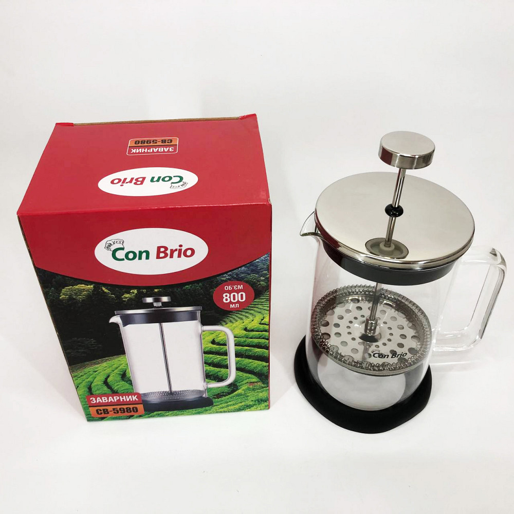 Заварник стеклянный с прессом Con Brio CB-5980 800 мл, Френч-пресс вместительный, Заварник прозрачный IK-97 Львов - изображение 1
