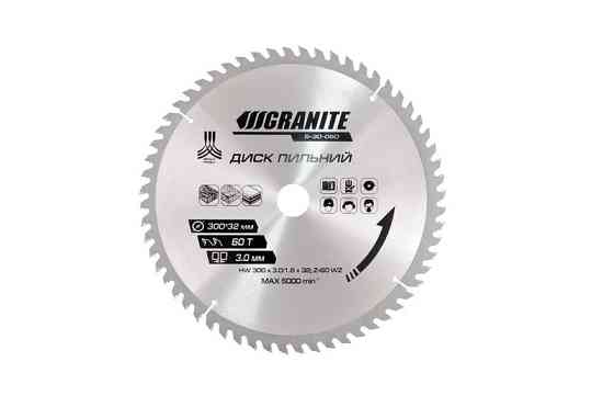 Диск пильный GRANITE для дерева с твердосплавными напайками 300х32х60Т адаптер 32-30/32-25.4 5100 об/мин Ровно