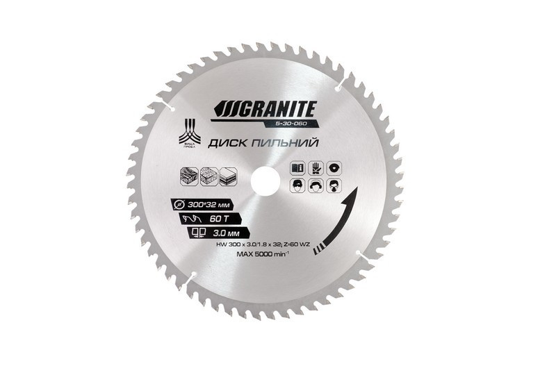 Диск пильний GRANITE для дерева з твердосплавними напайками 300х32х60Т адаптер 32-30/32-25.4 5100 об/хв Рівне - фото 1
