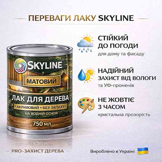 Лак для дерева Skyline матовий акриловий прозорий без запаху для внутрішніх і зовнішніх робіт 750 мл Харків