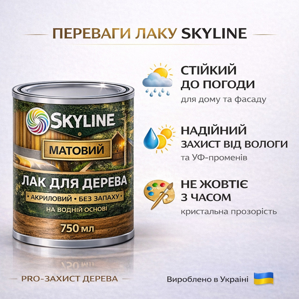 Лак для дерева Skyline матовый акриловый прозрачный без запаха для внутренних и наружных работ 750 мл Харьков - изображение 6