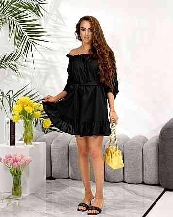 Женское легкое романтическое мини платье из льна. Черный, 46/48 Одесса