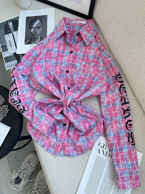 Женская стильная оверсайз рубашка в клетку турецкая фланель Розовый Одесса - изображение 8