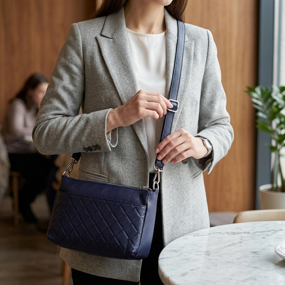 Сумка жіноча з натуральної шкіри з двома ремінцями Vintage 22928 Синій Київ - фото 12