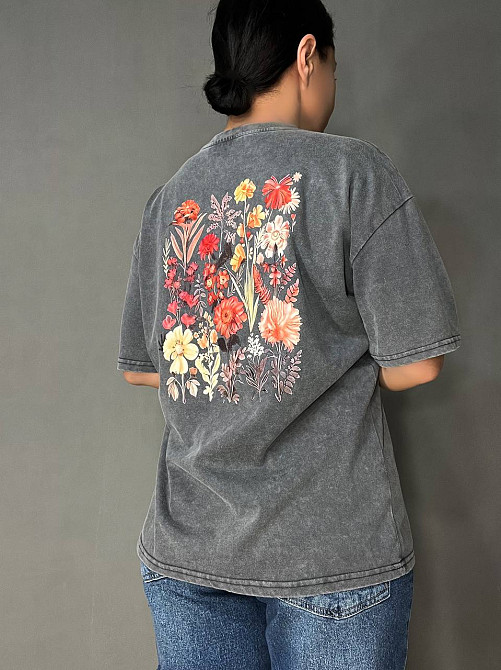 Футболка женская A-N 27005 тай-дай вареная с цветочным принтом на спине, серый, one size Киев - изображение 2