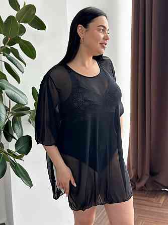 Женская пляжная туника в сеточку короткая однотонная накидка на купальник oversize прозрачная черная Одесса