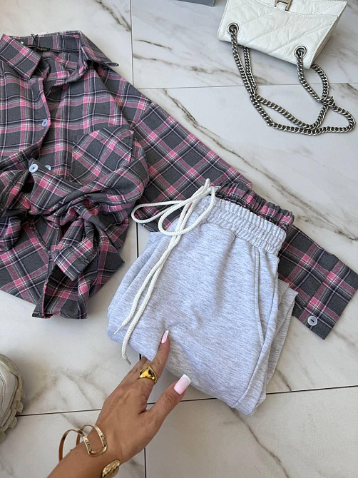 Женский повседневный костюм двойка: рубашка в клетку и штаны фланель + двунитка Серый 2, 48/52 Одесса - изображение 5