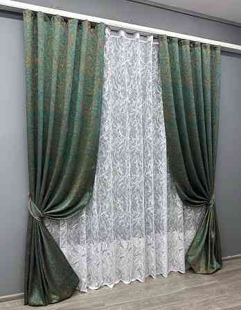 Комплект штор VR-Textil Жакард Fantasy 150х270 2шт і Тюль 400х270 1633ш-1783т Смарагдовий  з білим 71-048/3 Київ