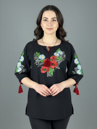 Жіноча чорна натуральна вишиванка Маки з ромашками Київ