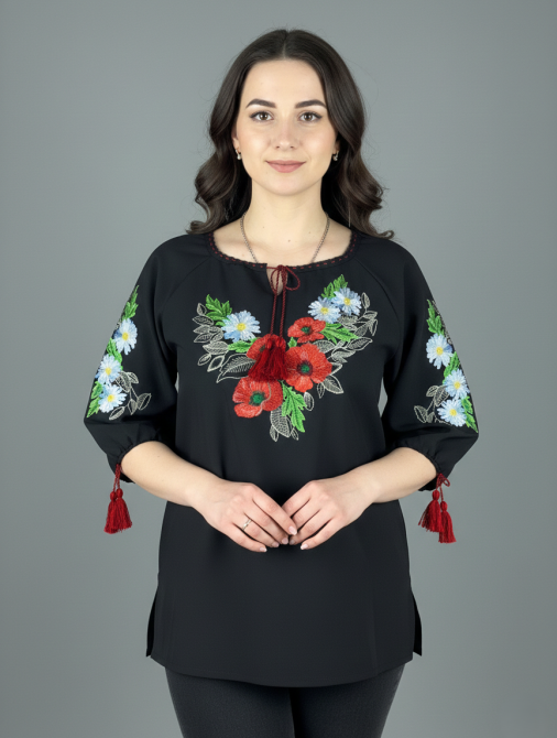 Жіноча чорна натуральна вишиванка Маки з ромашками Київ - фото 1