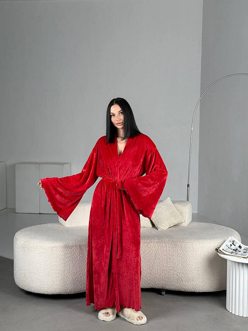 Женский стильный домашний велюровый макси халат плюш велюр Красный, Oversize 42/46 Одесса - изображение 9