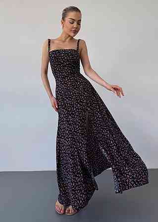 Жіноча романтична сукня максі на бретелях із розрізом штапель Чорний, 46/48 Одеса