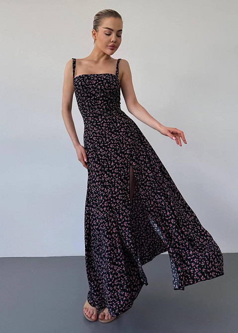 Женское романтичное платье макси на бретелях с разрезом штапель 46/48, Черный Одесса - изображение 2