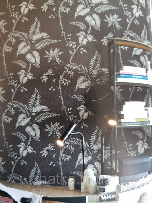 Обои виниловые на флизелине Marburg 31847 New modern крупные листья ветки серые черные на черном фоне Киев - изображение 2