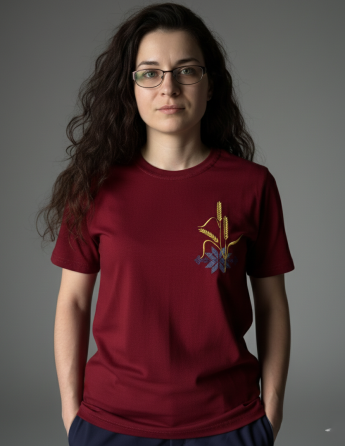 Женская насыщенная вышитая футболка вышиванка бордовая с голубым орнаментом в колосках XL Киев