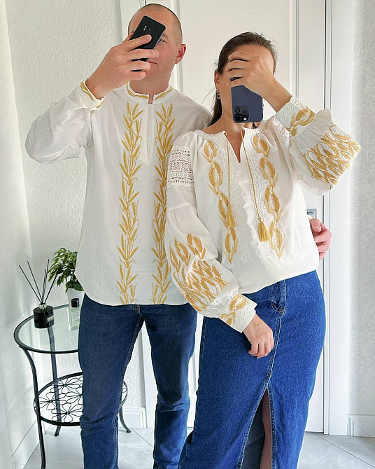 Женская стильная вышиванка с золотой вышивкой и с кружевными вставками 80% хлопок, 20% полиэстер. 46, Белый Одесса - изображение 3