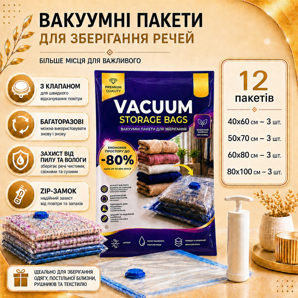 Вакуумные пакеты 12 шт 1 ручной насос для компактного хранения в шкафу, гардеробной и небольшой квартире, для одежды и вещей Каменец-Подольский - изображение 3