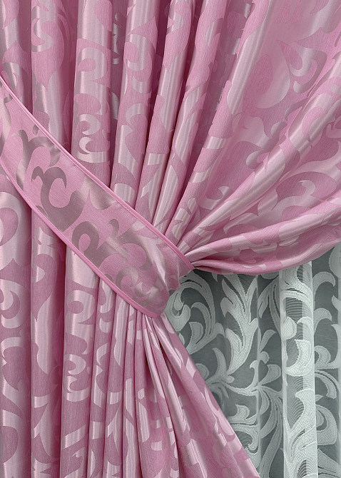 Комплект штор VR-Textil Жаккард Вензель 150х270 2шт и Тюль 400х270 476ш-1147т Розовый с белым 71-102/3 Киев - изображение 4