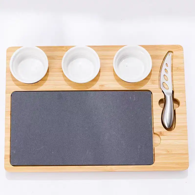 Дошка для сиру і закусок бамбукова з ножем і соусниками, менажниця дерев'яна для нарізки 34×24×2.5 см Кам'янець-Подільський - фото 5