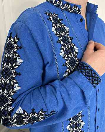 Мужская вышиванка в традиционном украинском стиле домотканый лен Голубой, 46 Одесса