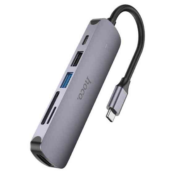 USB-хаб HOCO HB28 Type-C multi-function converter(HDTV+USB3.0+USB2.0+SD+TF+PD) Metal Gray Київ
