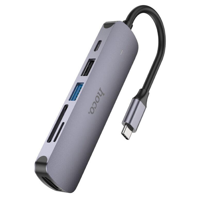 USB-хаб HOCO HB28 Type-C multi-function converter(HDTV+USB3.0+USB2.0+SD+TF+PD) Metal Gray Київ - фото 3