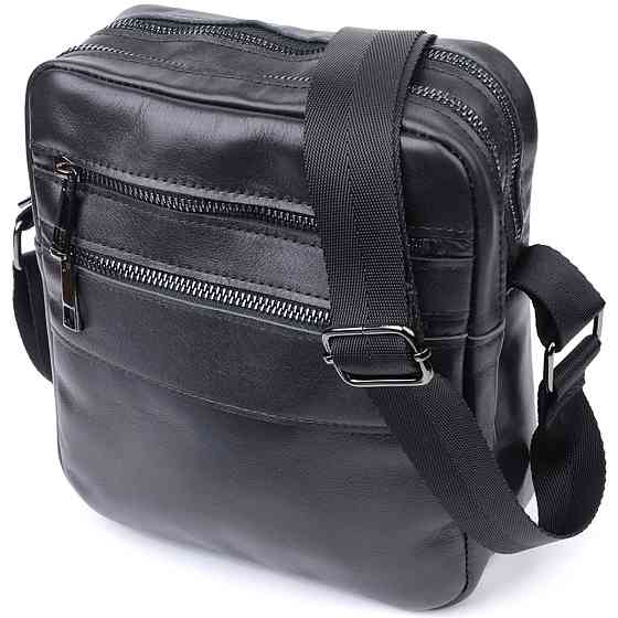 Класична чоловіча сумка месенджер із глянсової натуральної шкіри Shvigel 22846 Чорна Київ