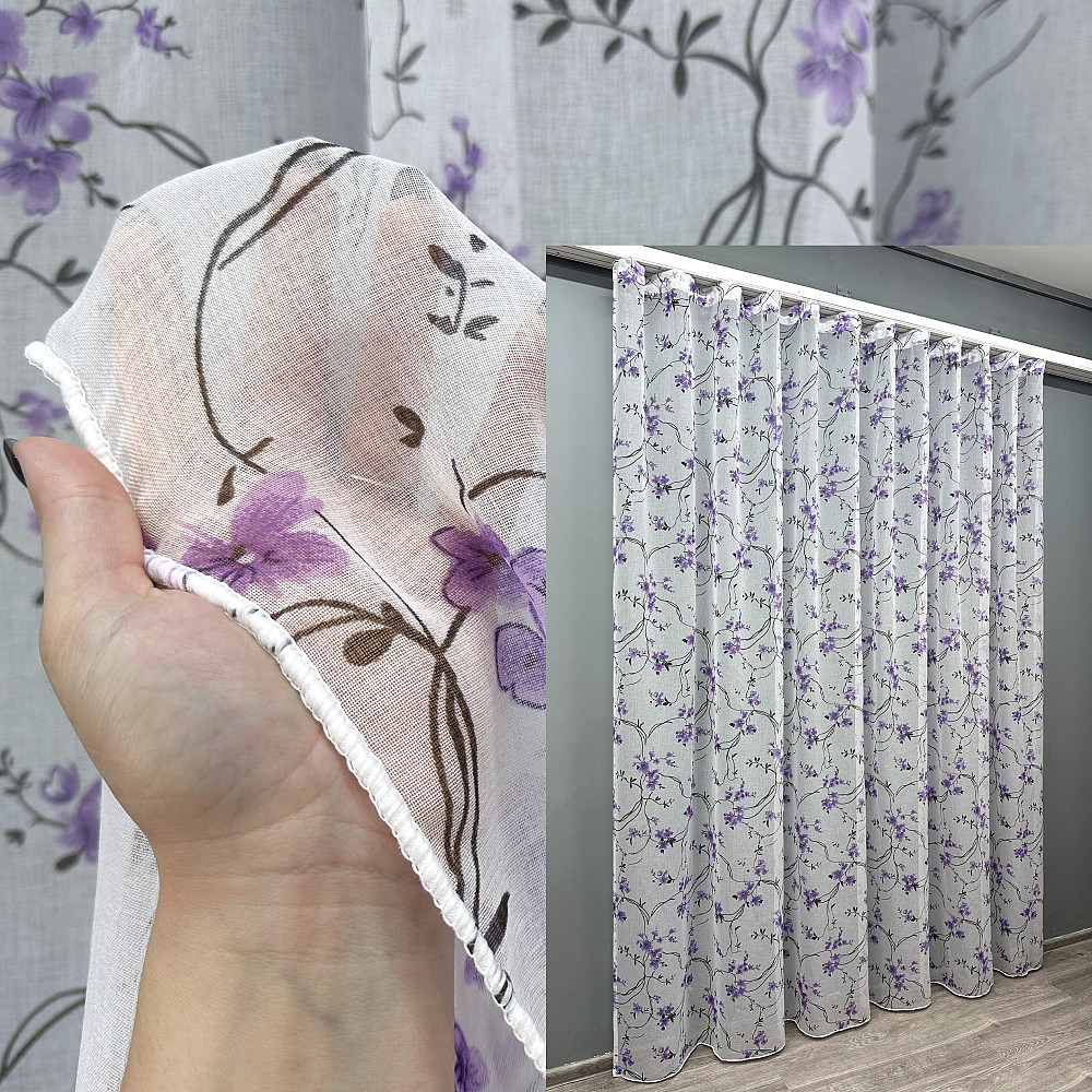 Тюль VR-Textil 1324т Flora Батист Білий з фіолетово-чорним принтом 400х270 см (40-204) Київ - фото 1