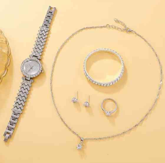 Жіночий подарунковий набір Silver Diamond годинник браслет кольє сережки каблучка сріблястий Київ