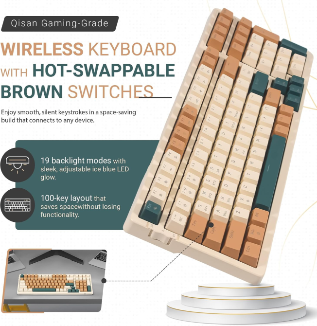 Механічна клавіатура Qisan 100 клавіш, 98%, Bluetooth/2.4 ГГц/USB-C, Brown Switch, Hot-Swap, RGB, US Layout Київ - фото 3