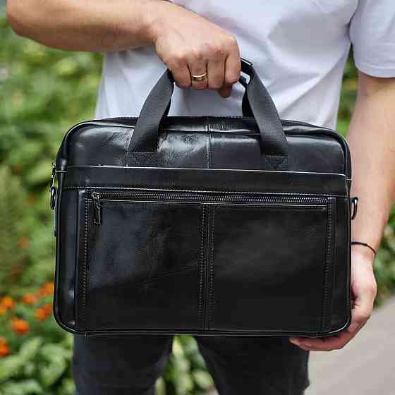 Чоловіча шкіряна ділова сумка портфель для речей і документів Tiding Bag Чорна 38х28х8см Київ