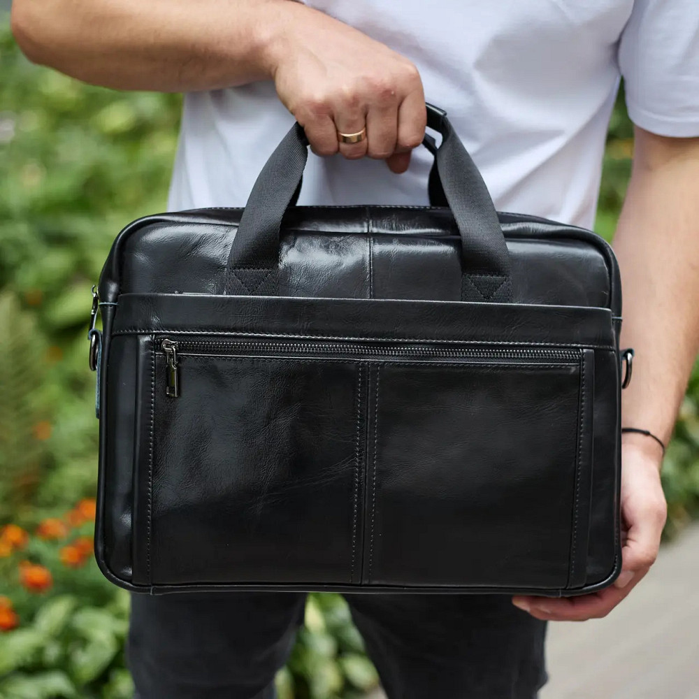 Чоловіча шкіряна ділова сумка портфель для речей і документів Tiding Bag Чорна 38х28х8см Київ - фото 3