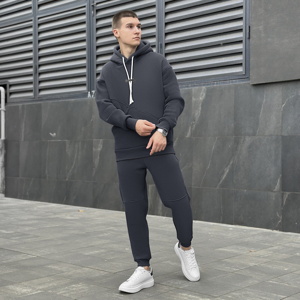 Спортивний костюм чоловічий Pobedov теплий зимовий з капюшоном кофта і штани на манжетах темно-сірий Одеса - фото 2