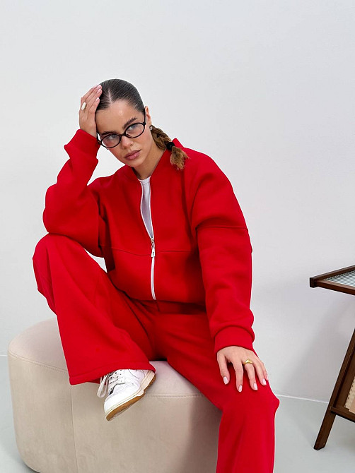 Теплий костюм на флісі жіночий з широкими штанами Червоний 42/46 Харків - фото 5