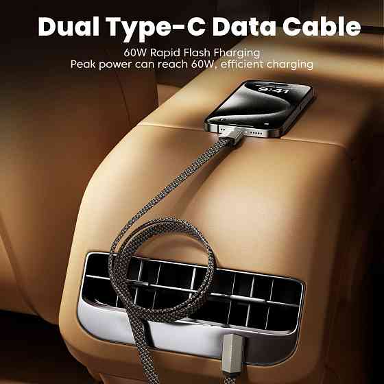 Кабель USB-C — USB-C 60W, міцний нейлоновий, швидке заряджання PD, металевий корпус, кутовий штекер + LED індикатор (1 м) Миколаїв