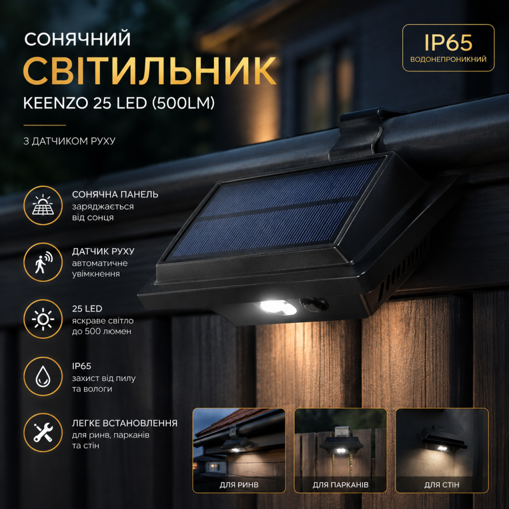 Солнечный светильник KEENZO 25 LED (500LM) с датчиком движения: Водонепроницаемый IP65, для водостоков, заборов и стен Киев - изображение 9
