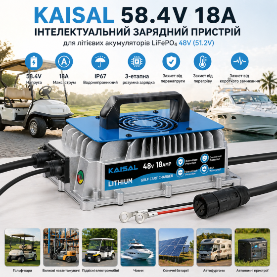 Умное зарядное устройство KAISAL 48V (58.4V) 18A для LiFePO4 аккумуляторов: IP67 Waterproof, 3-этапная зарядка, Blue Киев