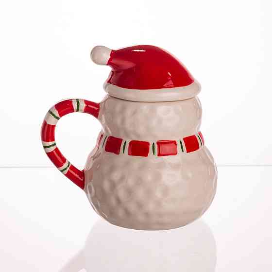 Новорічна порцелянова чашка з кришкою для чаю та кави 400 (мл) Сніговик дитяча чашка на подарунок на новий рік CR-1-34 Київ