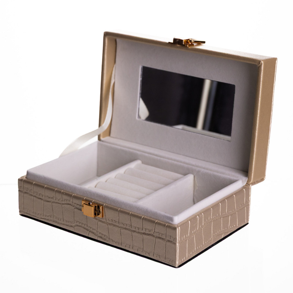 Скринька для прикрас з еко шкіри 3 відділення з дзеркалом 16×10×6 см Золотистий HP-5-18GOLD Коломыя - изображение 2