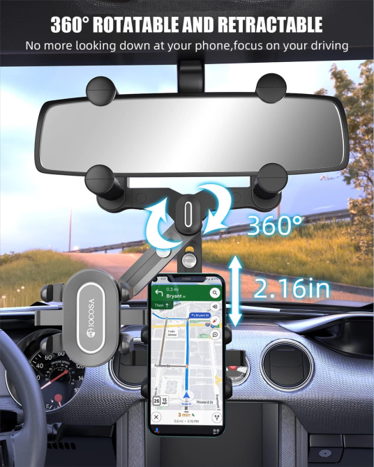 Держатель для телефона на зеркало заднего вида JOCOSA, 360°, выдвижной, регулируемый, для смартфонов 4–7″, чёрный Киев - изображение 7
